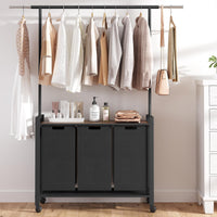 Trieur à linge Garvee avec roulettes et barre de suspension, panier à linge à 3 compartiments, tissu Oxford, marron rustique, pour buanderie