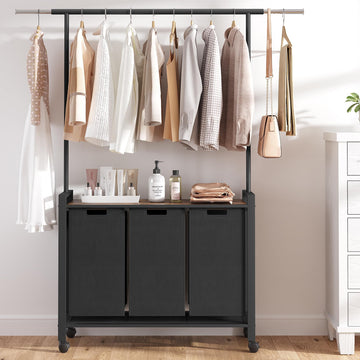 Trieur à linge Garvee avec roulettes et barre de suspension, panier à linge à 3 compartiments, tissu Oxford, marron rustique, pour buanderie