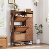 Garvee Meuble À Chaussures rotin 3 Tiroirs rabattables 4 Niveaux MDF Robuste Étagères Ajustables Pieds Métalliques Organisateur Entrée Salon - Bois de loupe