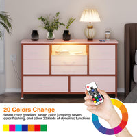 Garvee Meuble TV à 8 tiroirs avec éclairage LED et prise électrique pour salon et chambre, en MDF, éclairage RGB, grand espace de rangement, blanc