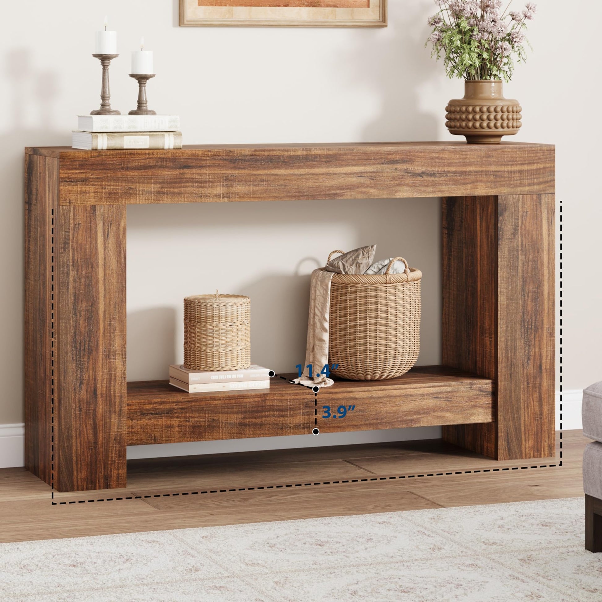 Garvee Table Console 120 cm en Bois Massif avec 2 Étagères, Style Maison de Campagne, pour Salon et Entrée, Marron