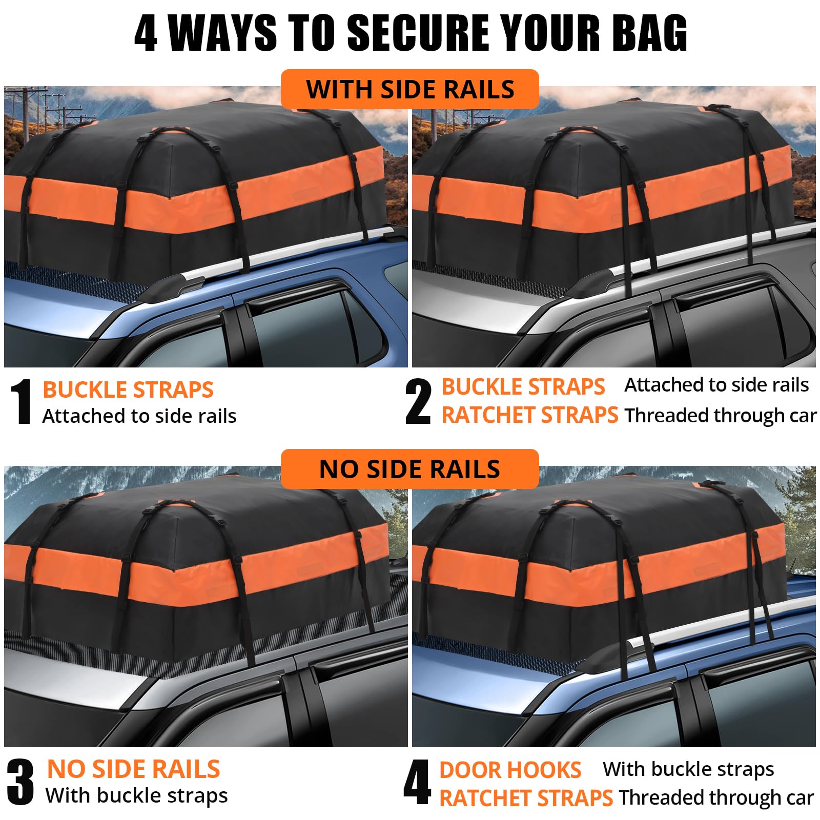 Sacoche de toit Garvee pour voiture, 425 litres (15 pieds cubes), étanche, avec 8 sangles renforcées, compatible avec tous les véhicules, idéale pour les voyages, dimensions : L 112 x l 86 x H 43 cm (44 x 34 x 17 pouces), noire.