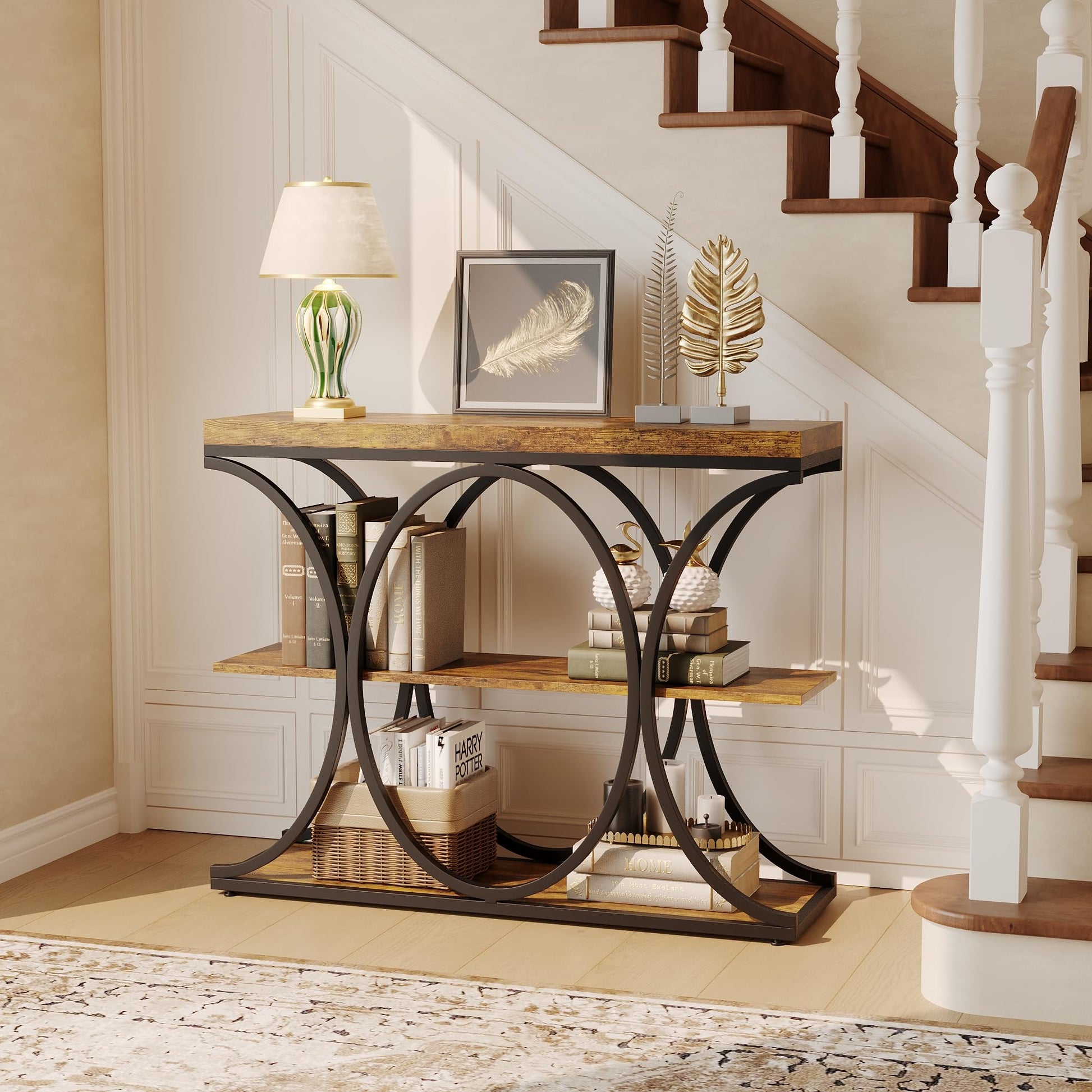 Console d'entrée industrielle Garvee 99 cm (39 po) avec étagères en bois à 3 niveaux, structure circulaire en métal, robuste pour couloir et salon, profondeur de 30 cm (11,8 po), noire