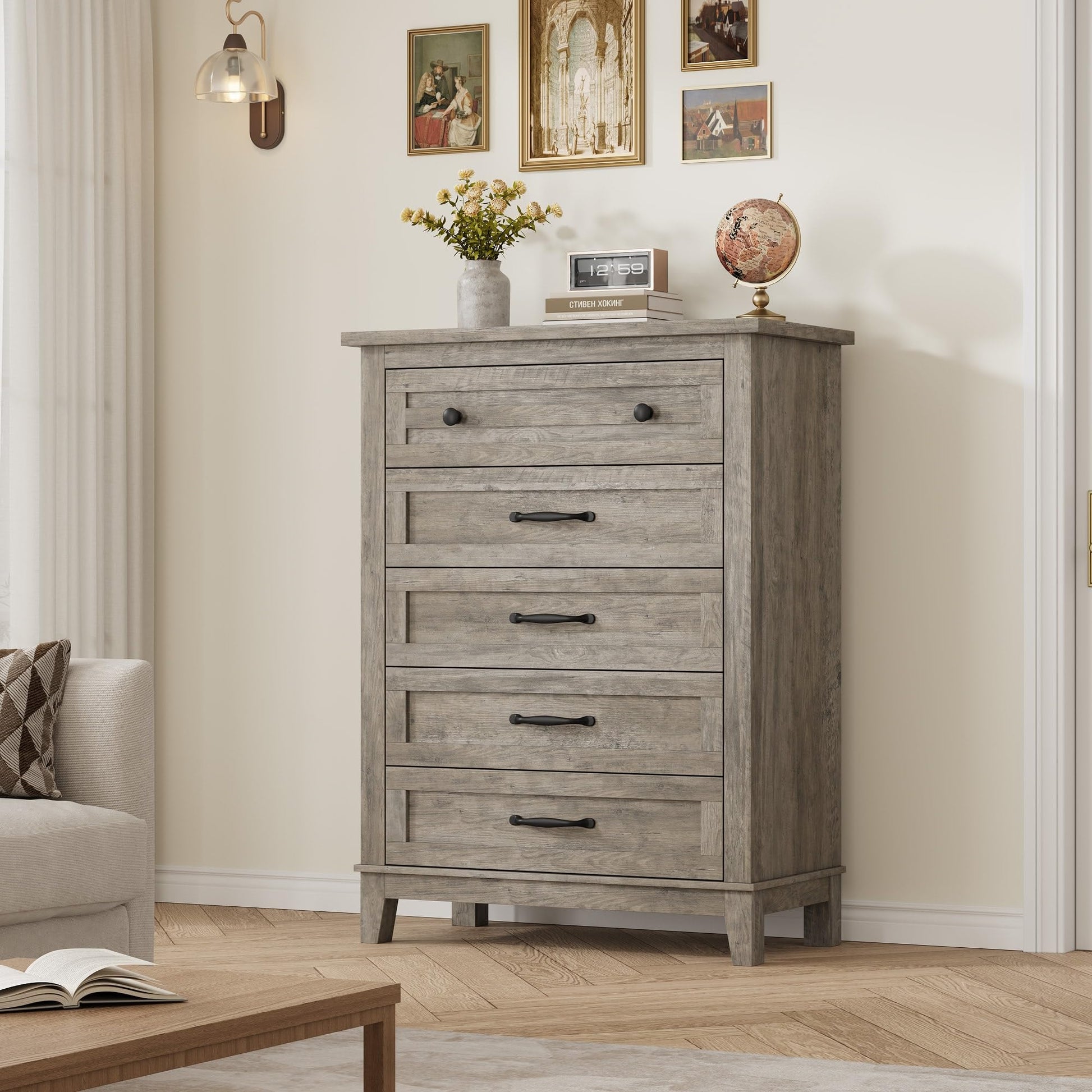 Commode Garvee à 5 tiroirs avec grand espace de rangement, en bois MDF, imperméable, idéale pour la chambre et le salon, dimensions : 80 x 40 x 105 cm, couleur naturelle.