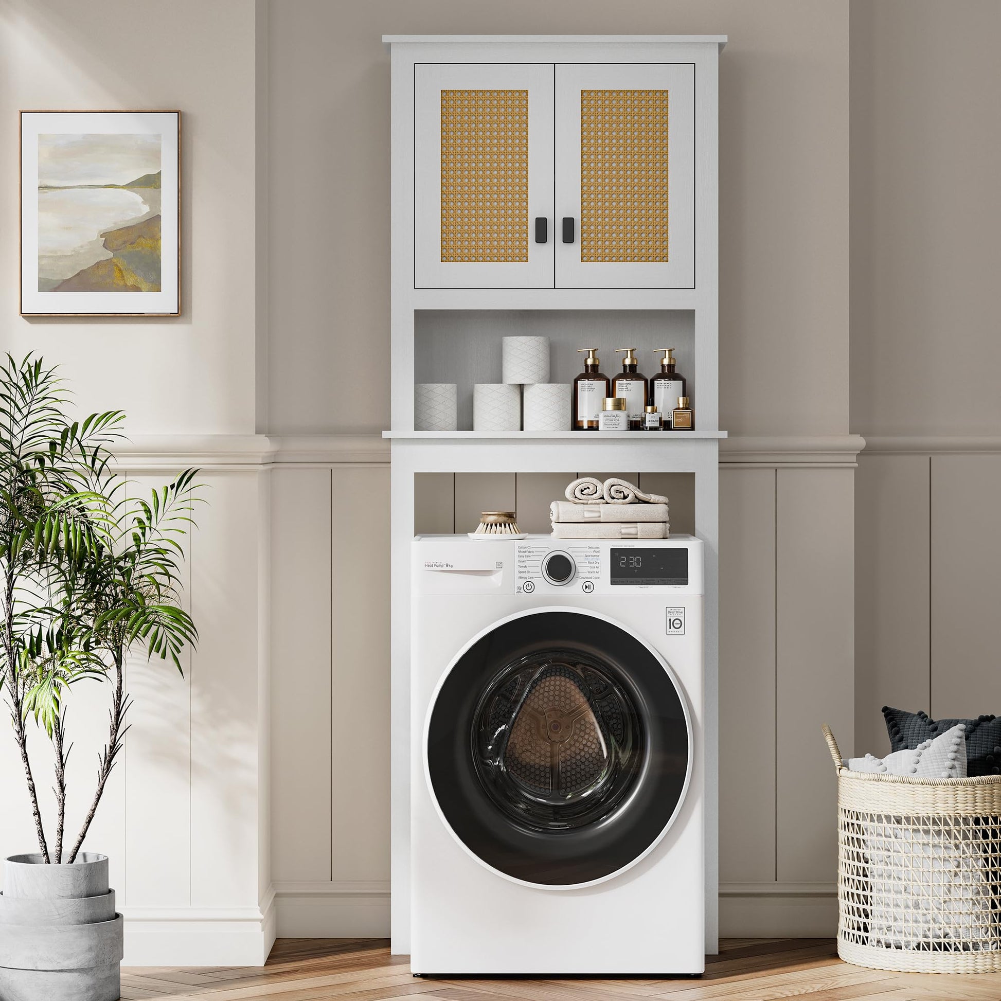 Meuble de rangement Garvee à suspendre au-dessus des toilettes, portes en rotin, étagère réglable, bois, blanc, pour salle de bain et buanderie