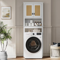 Meuble de rangement Garvee à suspendre au-dessus des toilettes, portes en rotin, étagère réglable, bois, blanc, pour salle de bain et buanderie