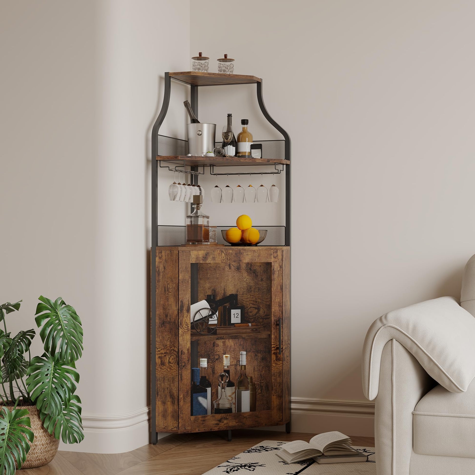Garvee Meuble bar d'angle pour spiritueux avec étagères réglables, 155 cm, style industriel, MDF et métal, porte grillagée, porte-verres, autoportant, cuisine et salon