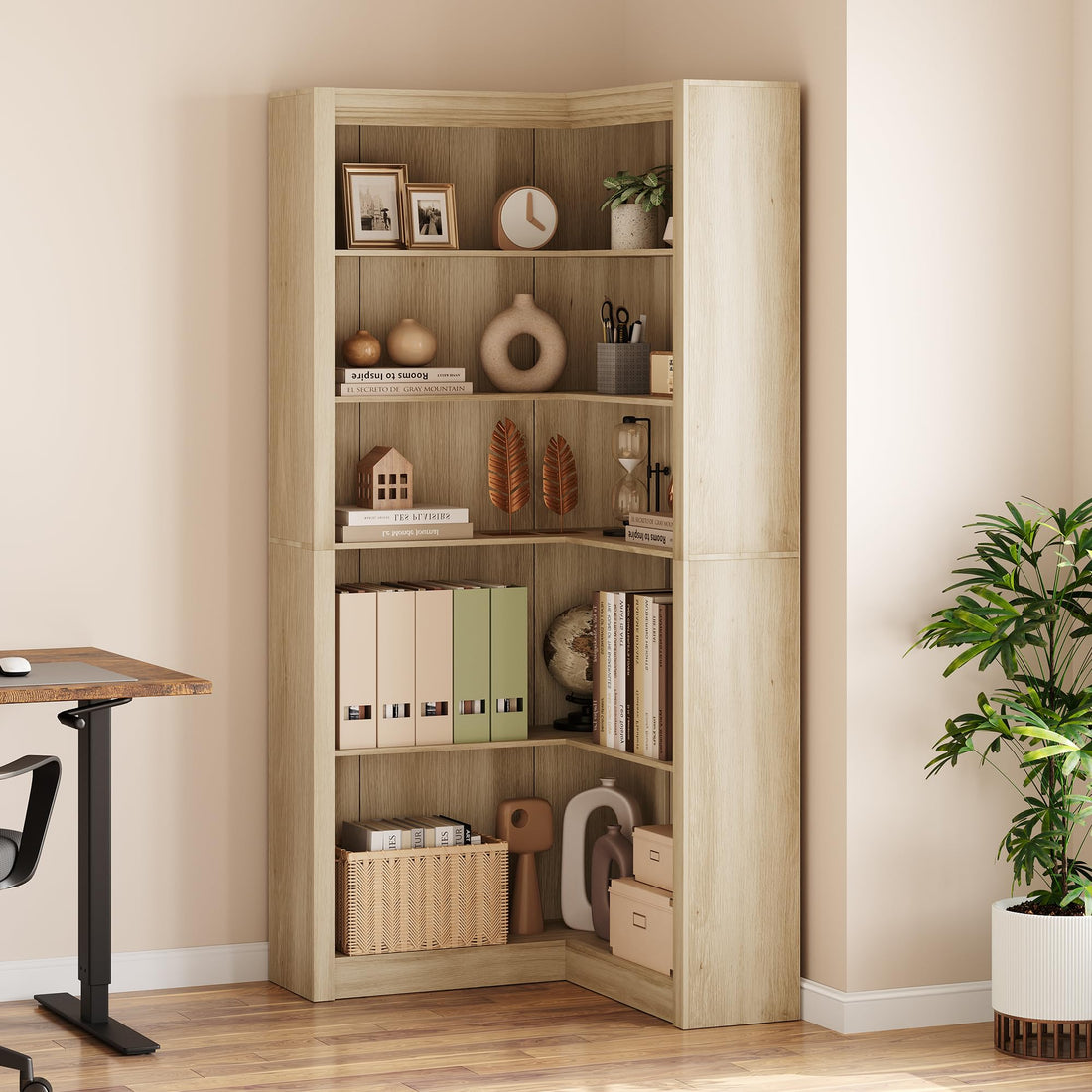 Garvee Bibliothèque d’Angle 182 cm Style Ferme, 5 Niveaux, Grand Rangement en L, Étagère Robuste en Bois pour Salon, Chambre et Bureau à Domicile
