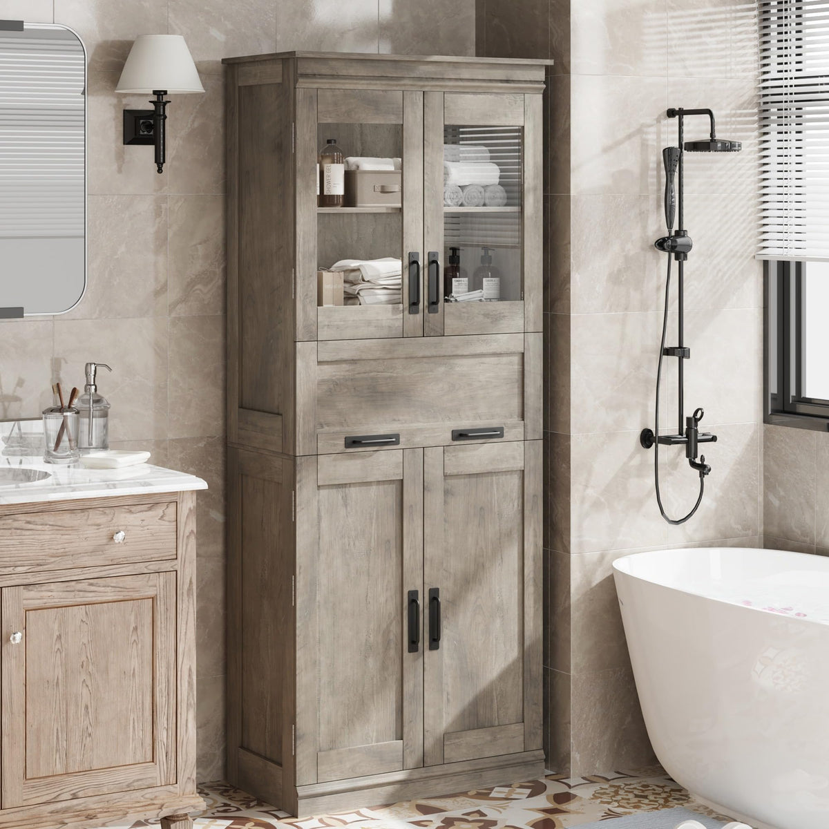 Garvee meuble de salle de bain de 170 cm de haut avec portes vitrées, étagères réglables, tiroir, MDF, autoportant, gris, pour salle de bain et salon