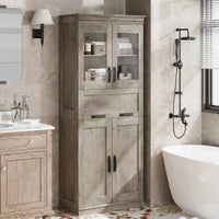 Garvee meuble de salle de bain de 170 cm de haut avec portes vitrées, étagères réglables, tiroir, MDF, autoportant, gris, pour salle de bain et salon