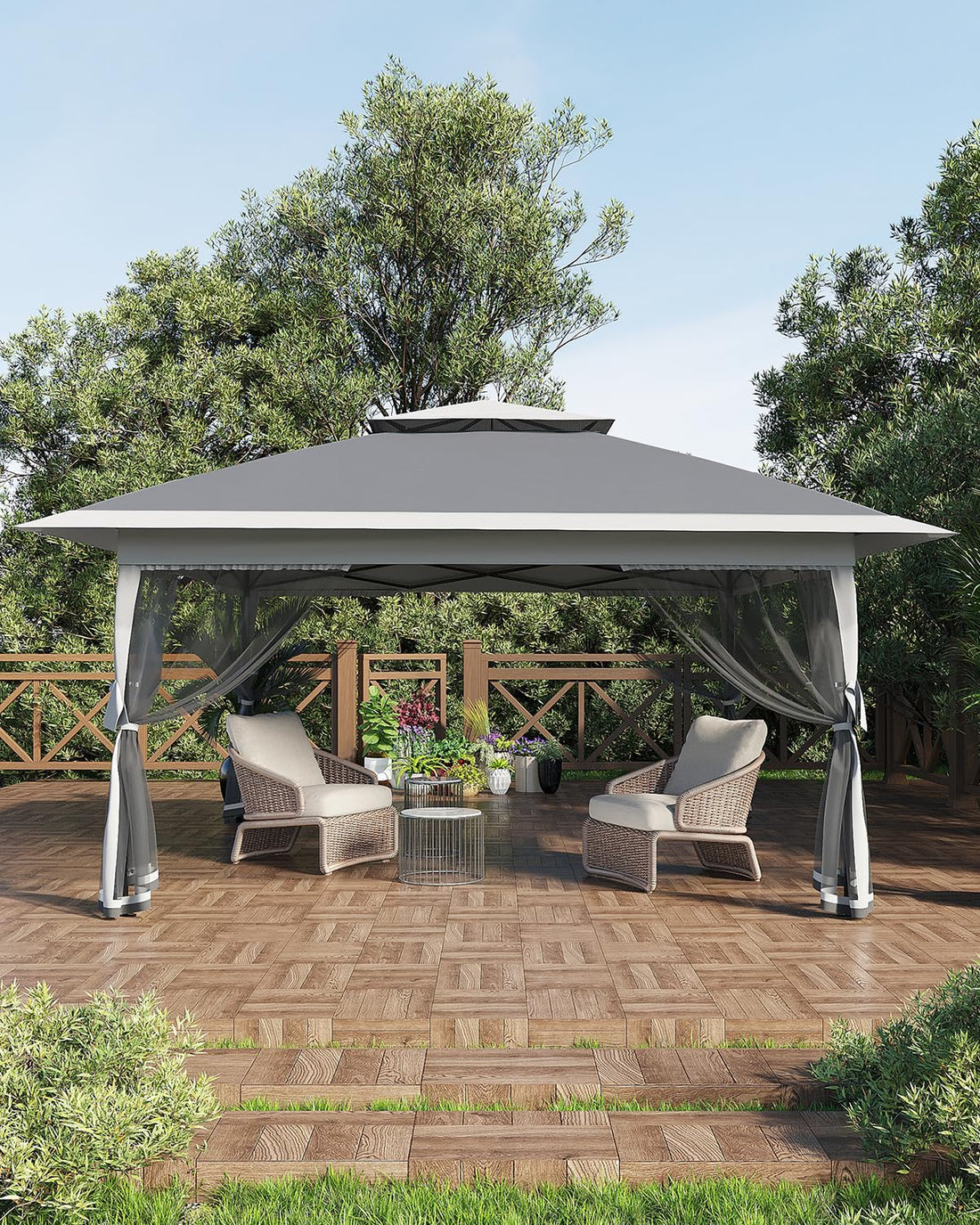 Garvee Tonnelle Pliante 3,65x3,65m avec Auvent Rétractable, Moustiquaire, Structure Acier, Hauteur Réglable, Imperméable, gris Foncé et gris Clair