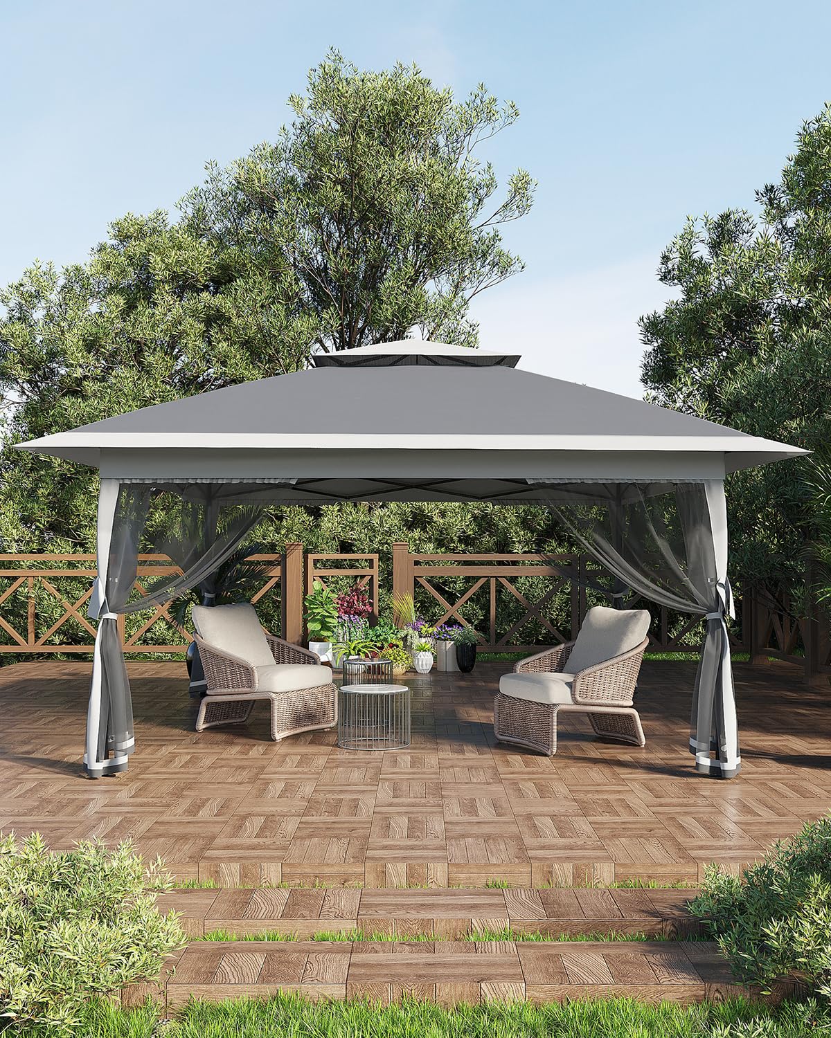 Garvee Tonnelle Pliante 3,65 × 3,65 m avec Auvent Rétractable, Moustiquaire, Structure Acier, Hauteur Réglable, Imperméable, Gris Foncé et Gris Clair