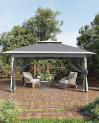 Garvee Tonnelle Pliante 3,65 × 3,65 m avec Auvent Rétractable, Moustiquaire, Structure Acier, Hauteur Réglable, Imperméable, Gris Foncé et Gris Clair