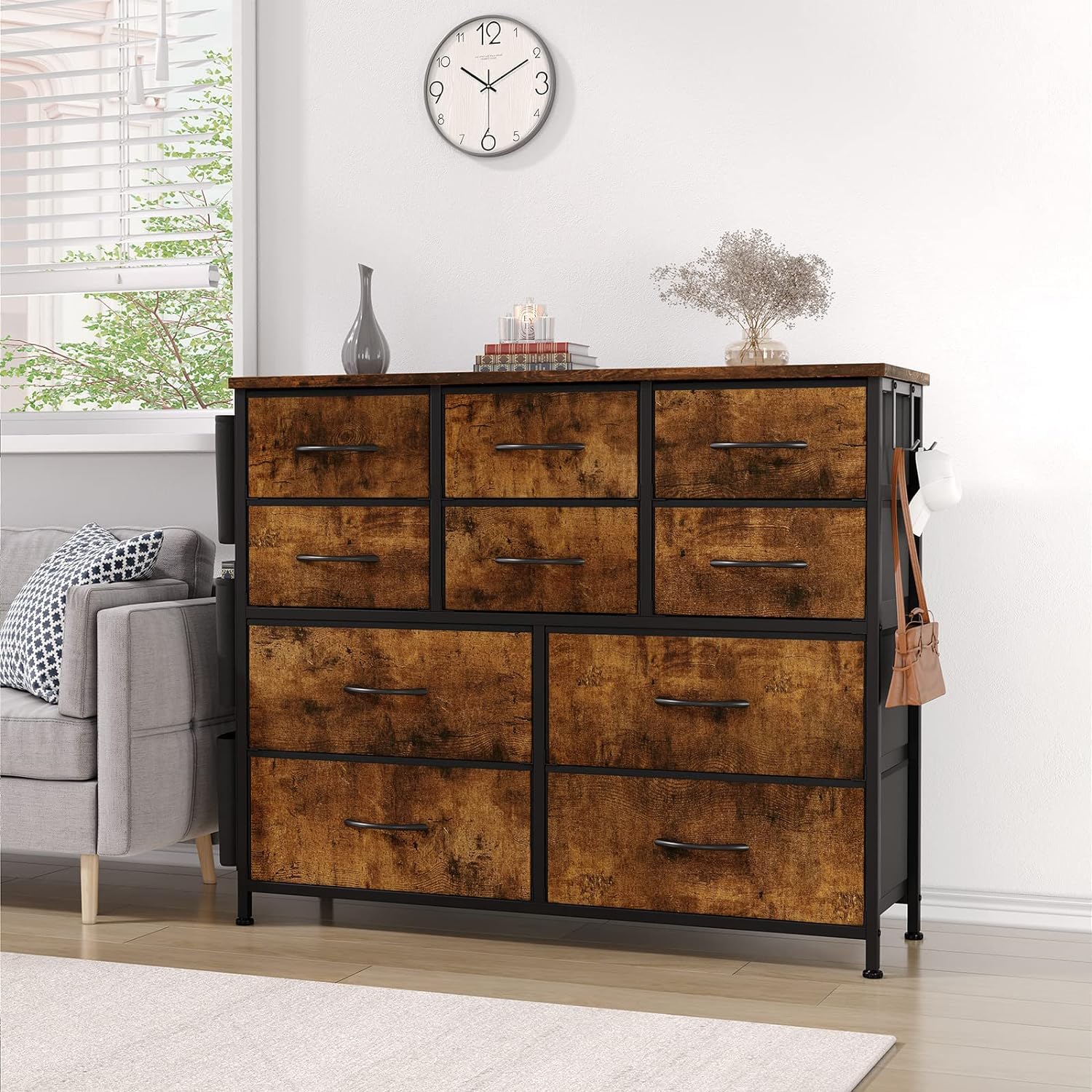 Garvee commode à 10 tiroirs, en tissu, bois, plateau, rails métalliques, idéale pour la chambre et le salon, gain de place