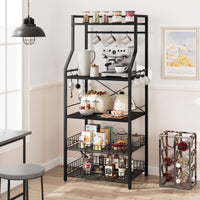 Étagère de cuisine Garvee Bakers Rack à 5 niveaux, 2 paniers métalliques, 8 crochets, en MDF et acier robustes, noir rustique, idéale pour la cuisine et le coin café.