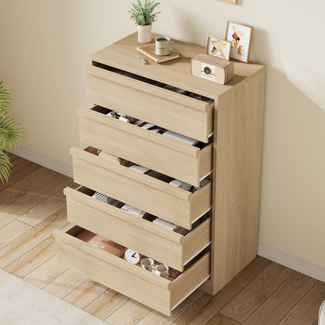 Garvee commode à 5 tiroirs, style moderne en bois, offrant un grand espace de rangement pour la chambre et le salon, 75 cm (L) × 40 cm (P) × 110 cm (H)