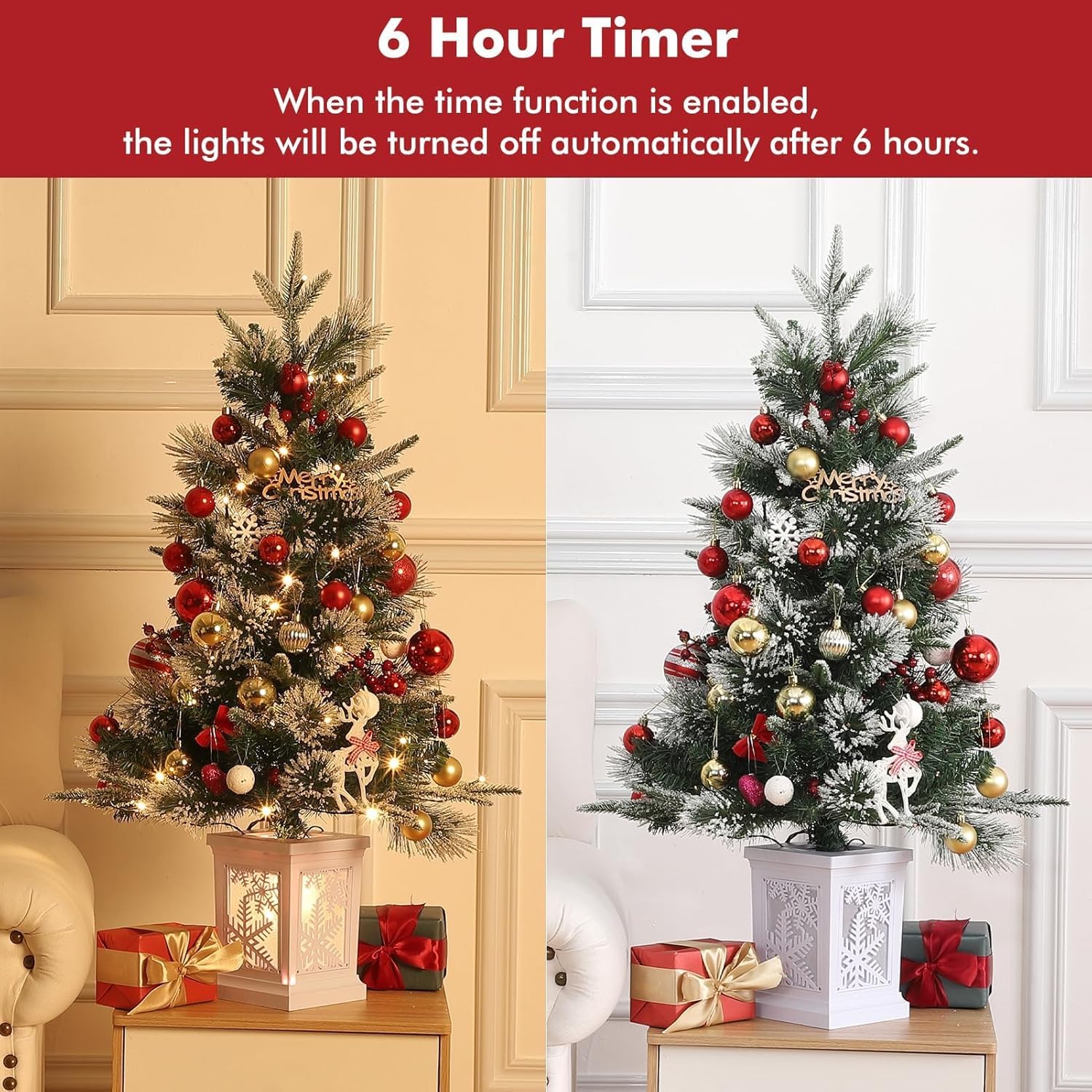 Sapin de Noël artificiel Garvee, lot de 2 – 90 cm, 78 LED à fibre optique (blanc chaud), 8 modes d'éclairage, socle flocon de neige