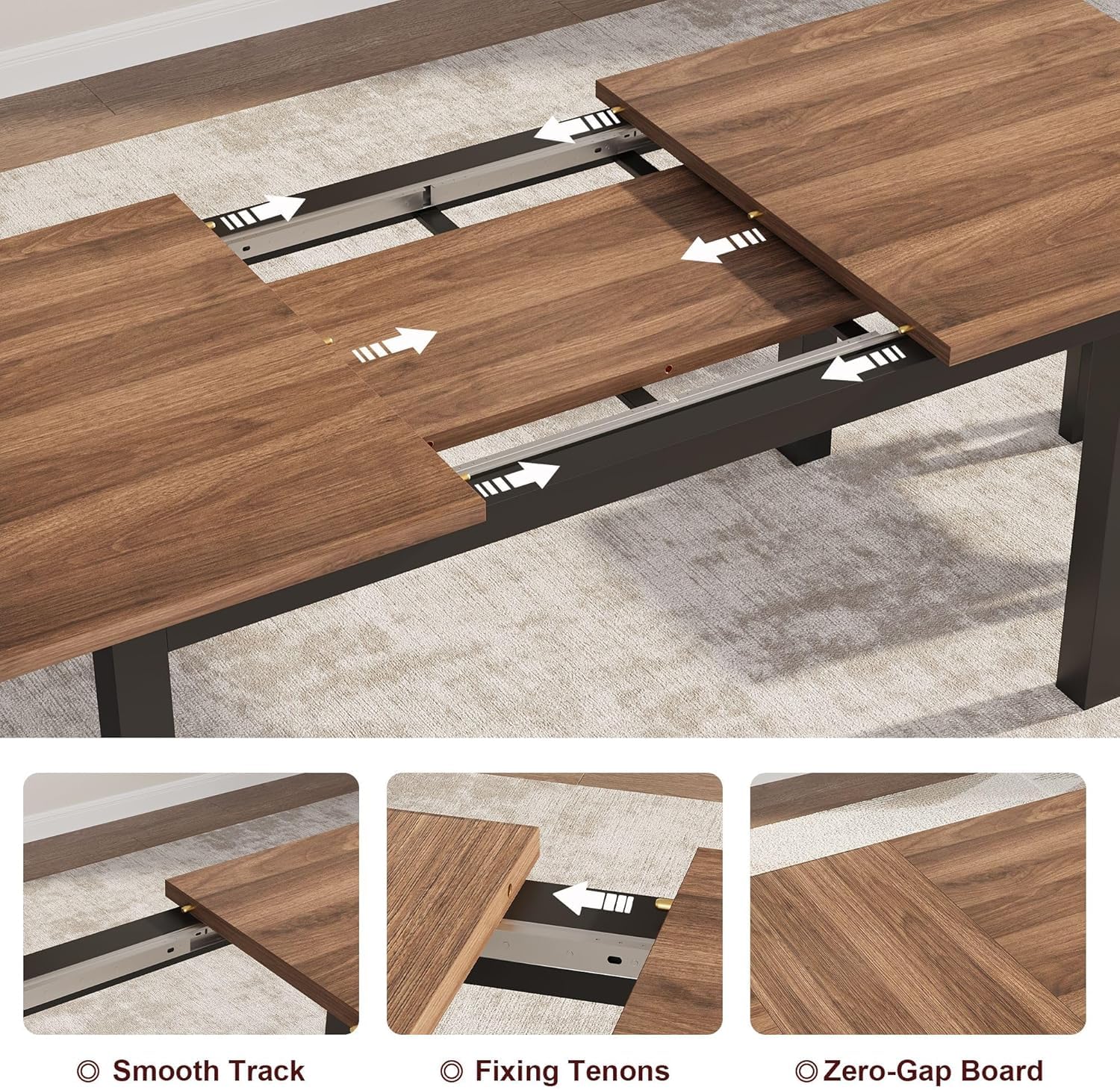 Ensemble table et chaises extensibles Garvee pour 6 à 8 personnes, structure en métal et plateau en MDF, 160 cm (63 pouces), noir industriel, idéal pour la cuisine et la salle à manger.