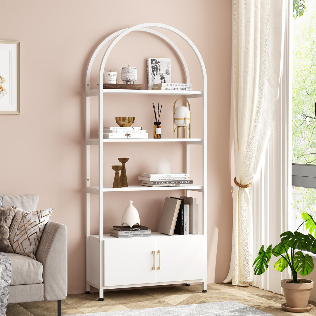 Garvee Bibliothèque moderne à 4 niveaux avec portes, structure en métal, pour bureau et salon, hauteur 182cm, blanche