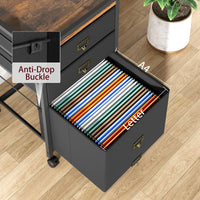 Garvee Caisson de classement mobile 3 tiroirs avec roulettes, cadre métal, plateau MDF, compatible A4/Lettre, noir rustique, bureau maison.