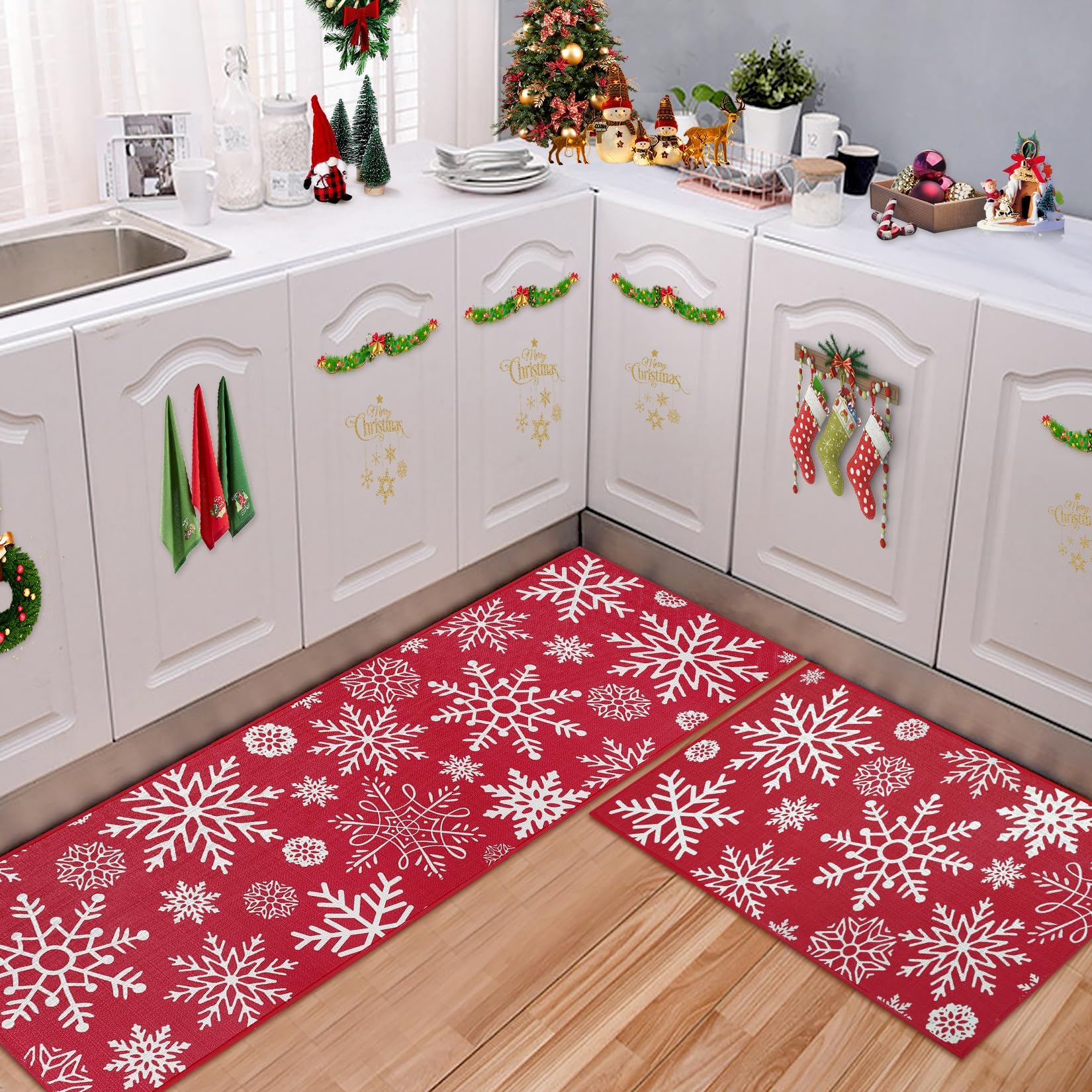Tapis de cuisine antidérapants Garvee Christmas, lot de 2, polyester, antidérapants, pour cuisine et couloir, 40 x 60 + 40 x 120 cm