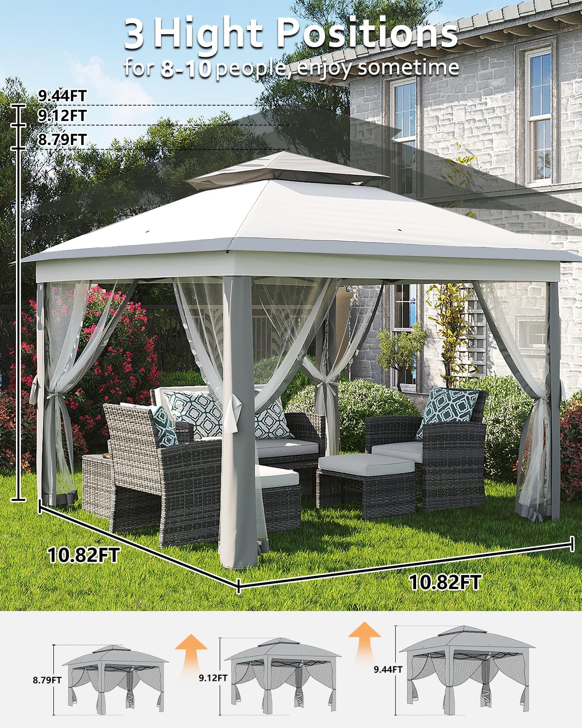 Garvee Tonnelle de Jardin 335 x 335 cm, Double Toit, Moustiquaire, Structure Métallique Robuste, Toile Polyester Imperméable, Patio et Terrasse