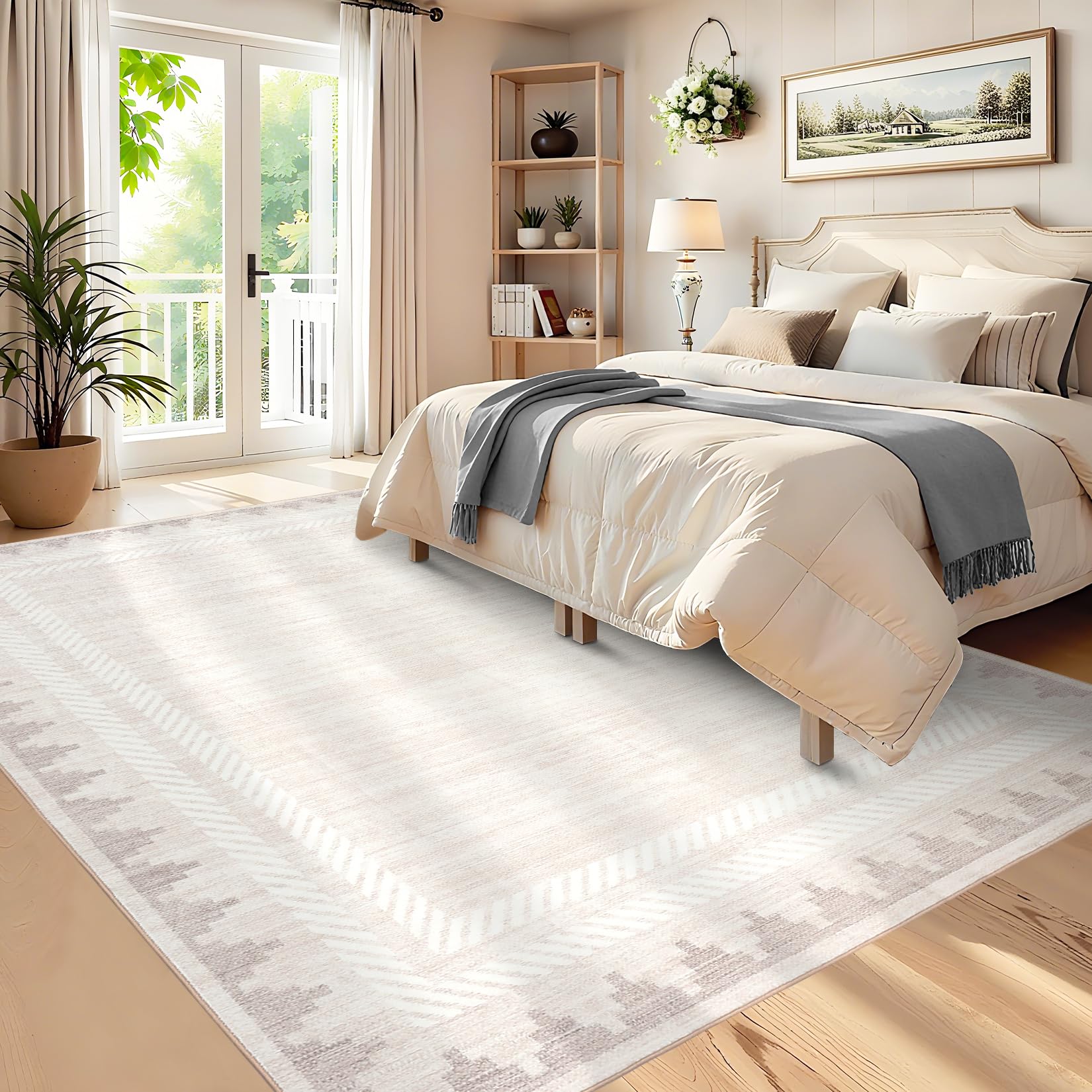 Tapis lavable Garvee 240x300 cm, couleur crème, moderne, antidérapant, bordure géométrique, poils courts, polyester, pour salon et chambre.
