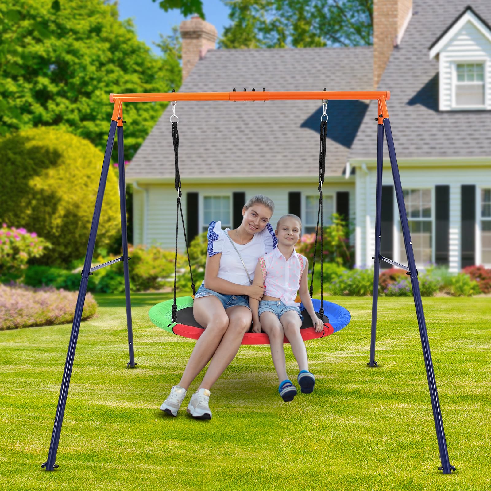Balançoire d'extérieur Garvee avec structure métallique robuste en forme de A, capacité de charge de 200 kg, balançoire ronde réglable, 192 x 167 x 187 cm, noire