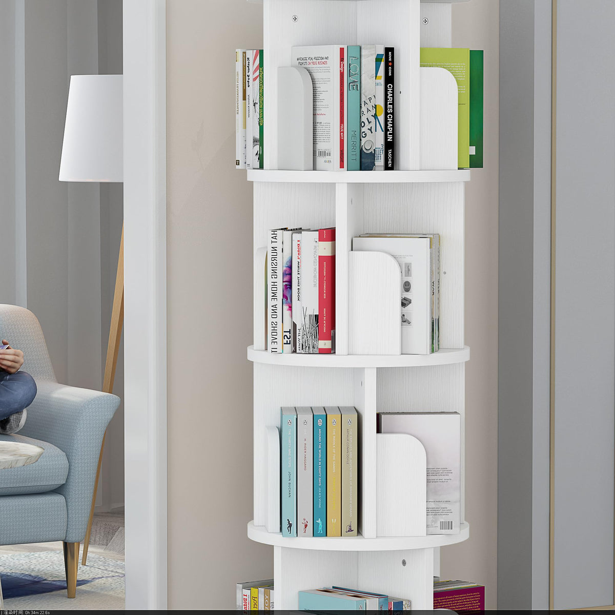 Garvee étagère pivotante 130 cm (130 cm) en bois blanc, rotation à 360°, 4 niveaux, bois de pin durable, gain de place, polyvalente pour la chambre et le salon