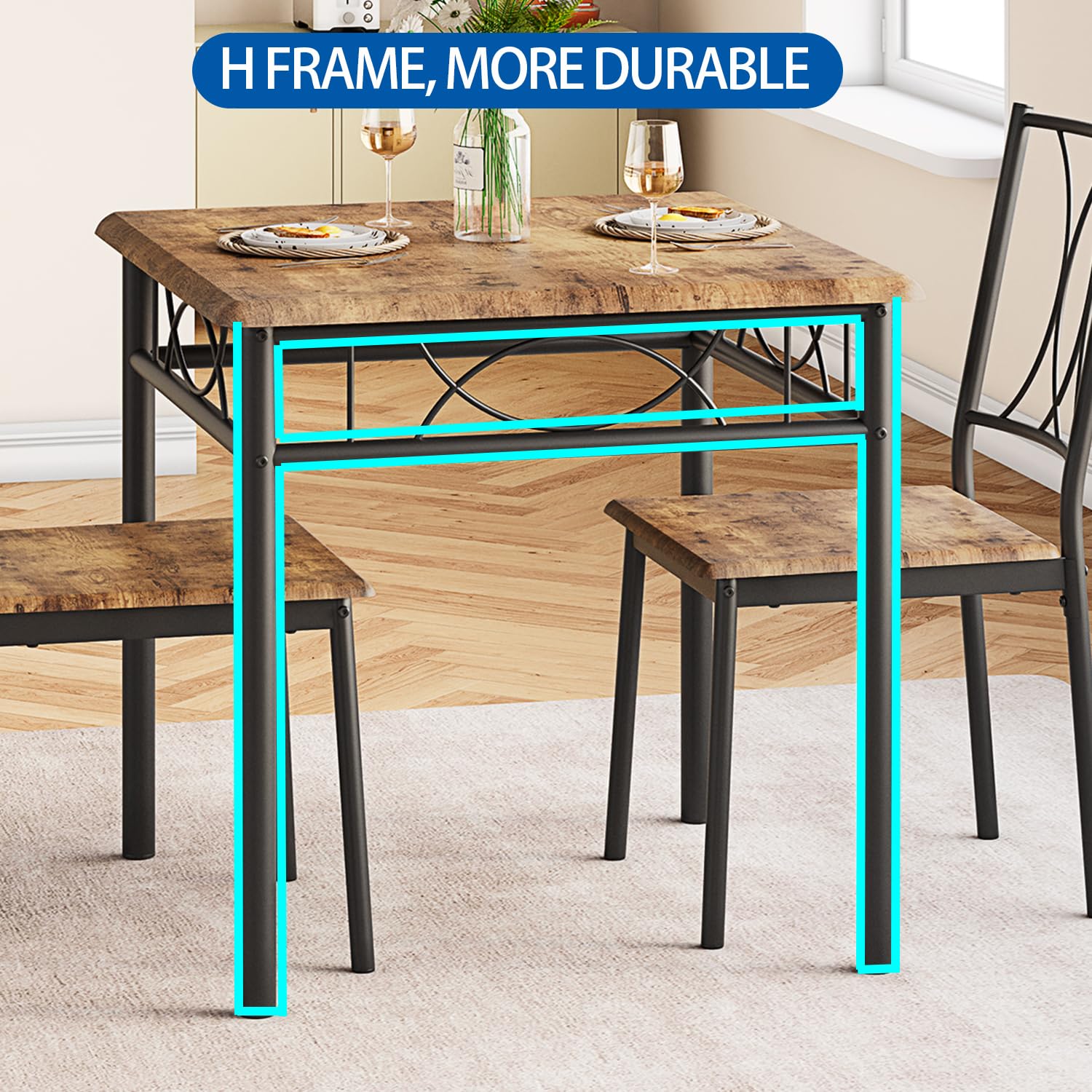 Ensemble de salle à manger Garvee 3 pièces pour 2 personnes, carré, gain de place, plateau robuste en MDF, chaises ergonomiques en bois, brun rustique, compact pour les petits espaces