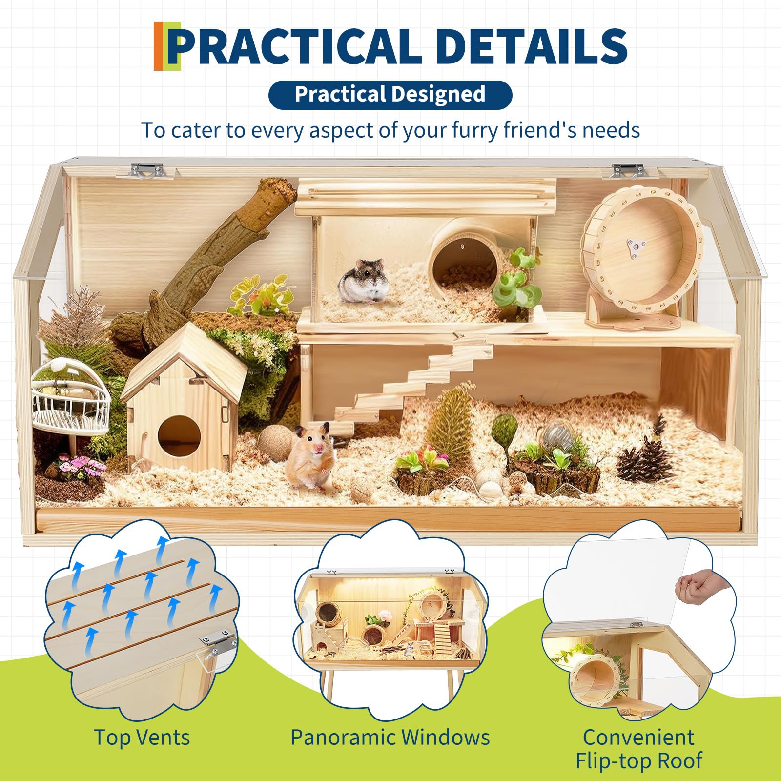 Garvee Cage pour hamsters avec pieds, grand enclos, fenêtre en acrylique anti-morsure, dessus ouvert, facile à nettoyer