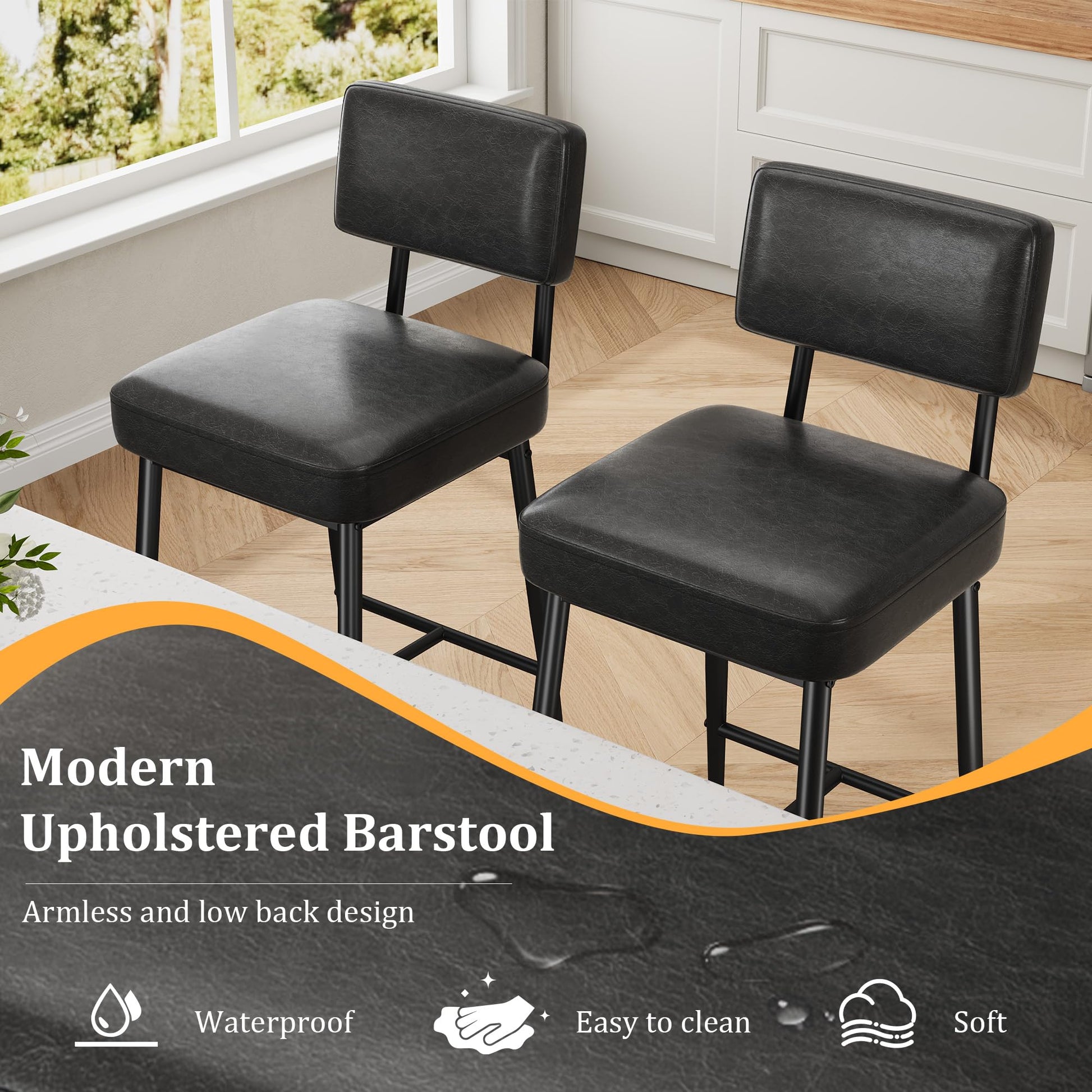 Ensemble de 2 tabourets de bar Garvee, 66 cm (26 po), revêtement en similicuir, dossier ergonomique, pieds en métal, pour îlot de cuisine, noir