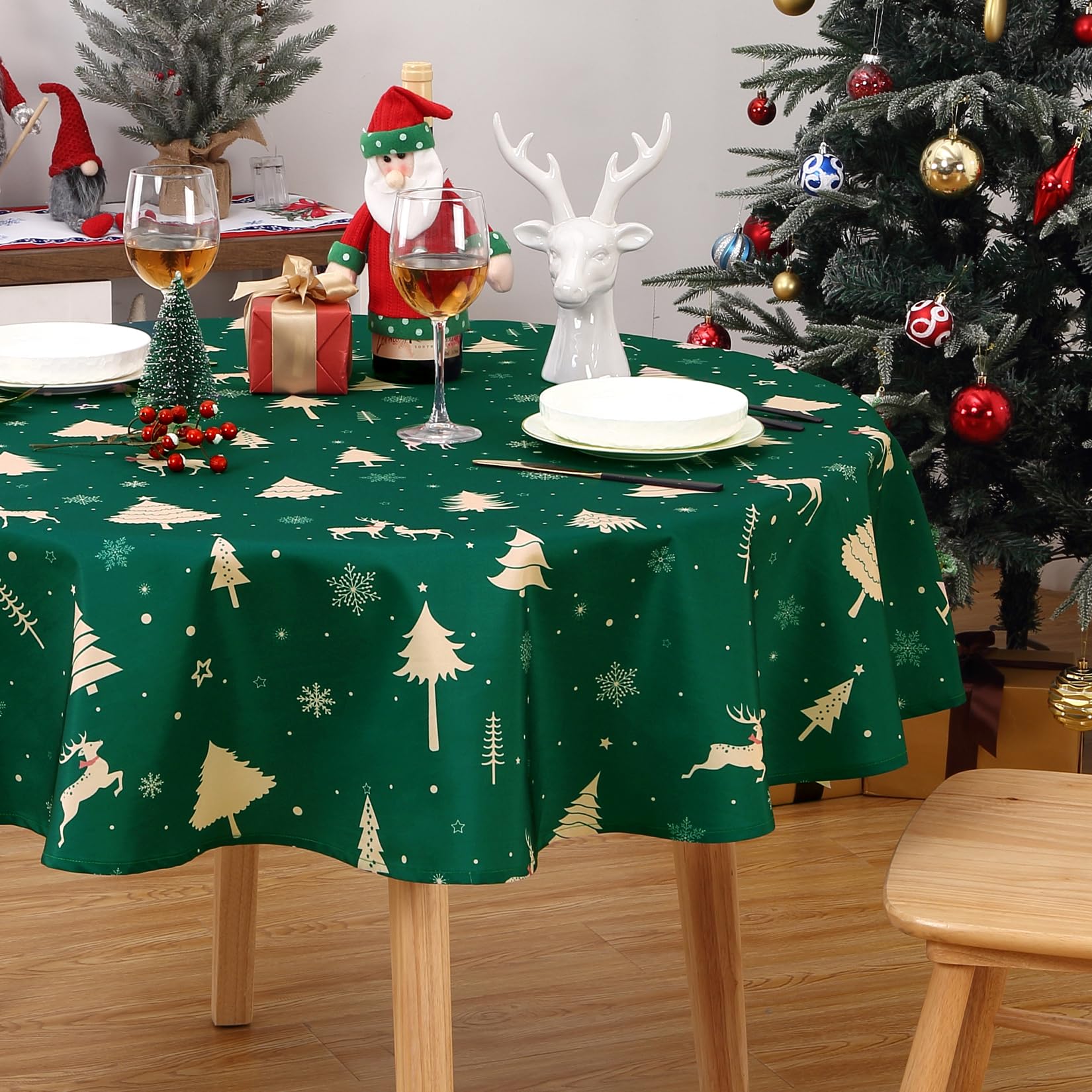Nappe de Noël ronde Garvee 152 cm verte, imperméable et lavable, en polyester, idéale pour les fêtes, la cuisine et la salle à manger.