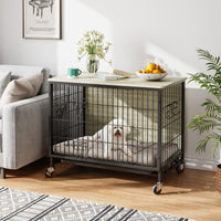 Cage pour chien Garvee 69 cm en bois avec roulettes et double porte, pour chiens de petite et moyenne taille, intérieur gris rustique