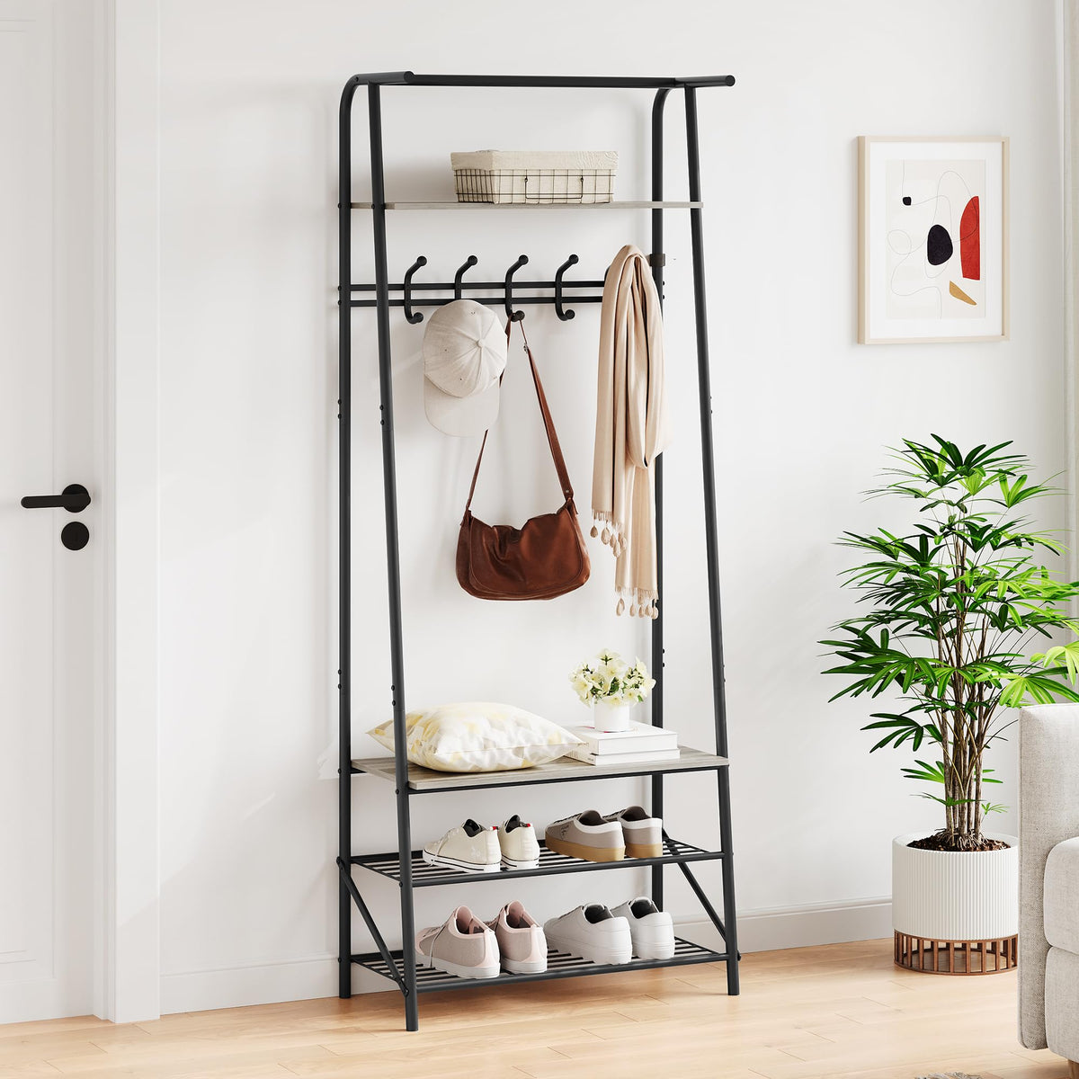 Garvee banc d'entrée multifonctionnel 4 en 1, Avec 5 crochets, un porte-chaussures et une structure métallique aspect bois pour l'entrée et le salon