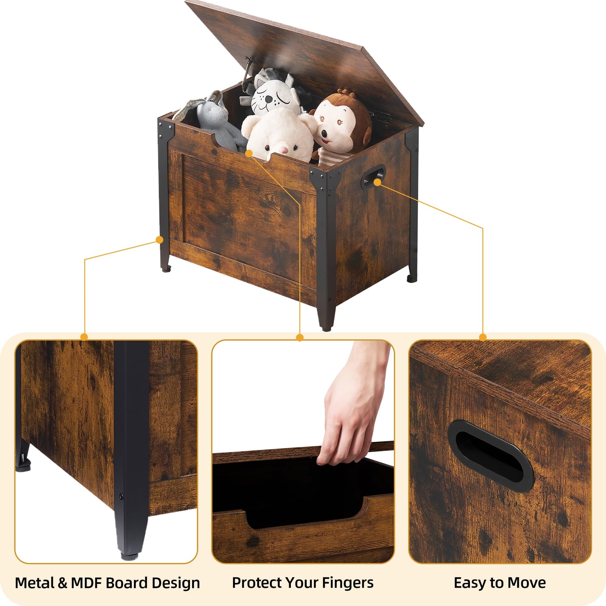 Banc de rangement en bois Garvee avec rabat de sécurité, marron rustique, pour entrée et salon, style campagnard, robuste