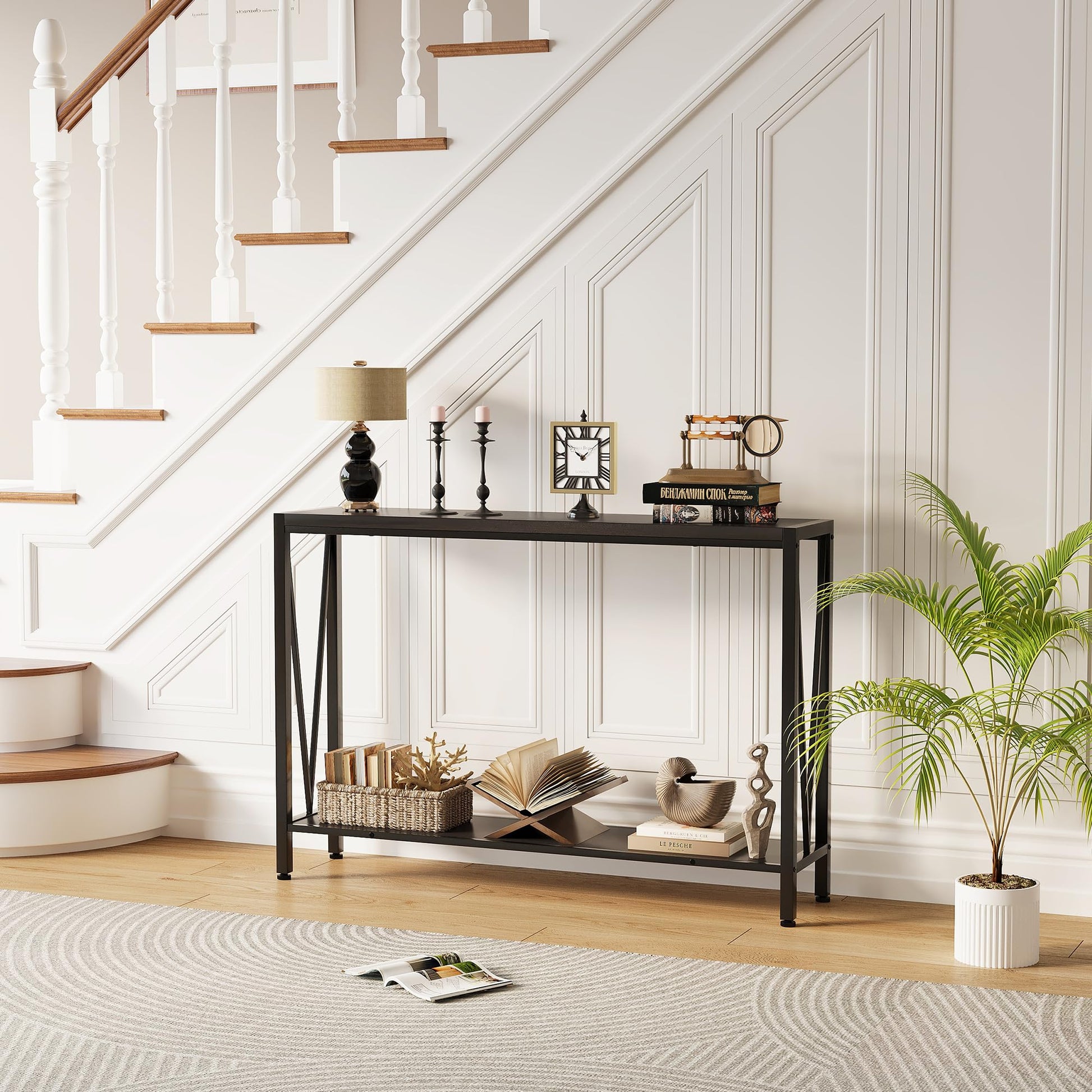 Garvee Console étroite 2 niveaux pour canapé, bois noir, compacte et robuste, 109 x 25 x 76 cm, idéale couloir, entrée et salon.