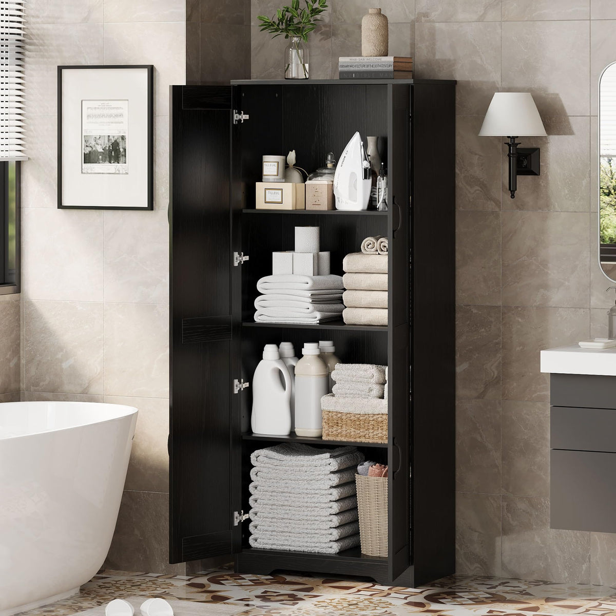 Garvee armoire de rangement haute 152 × 60 × 30 cm noire, 2 portes et étagères réglables