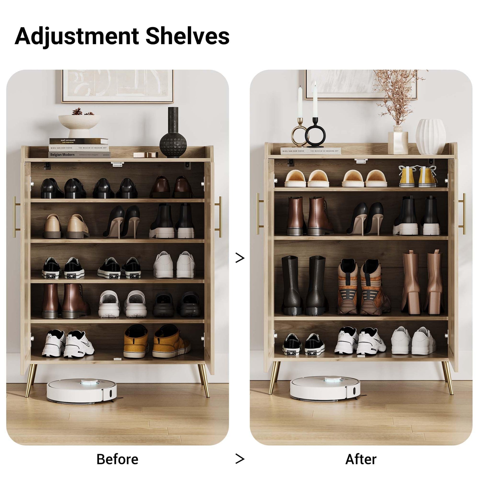 Meuble à chaussures Garvee en rotin, 5 niveaux avec portes, étagères réglables, pieds en métal, chêne, robuste, pour entrée et salon