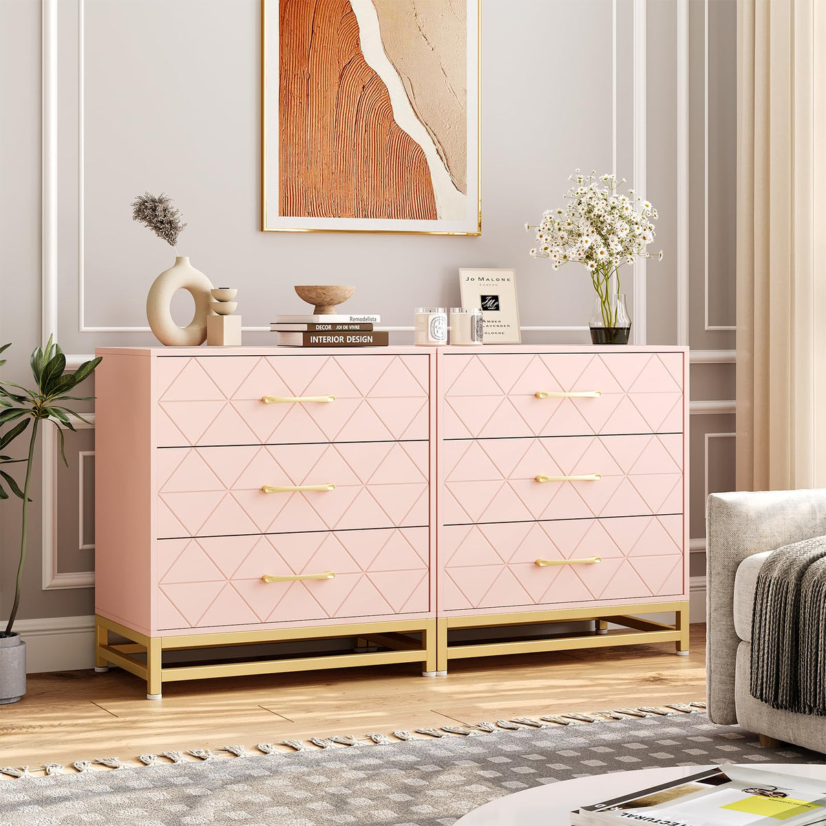 Garvee commode en bois avec 3 tiroirs, espace de rangement, MDF rose, anti-poussière, salon, chambre, entrée, compacte