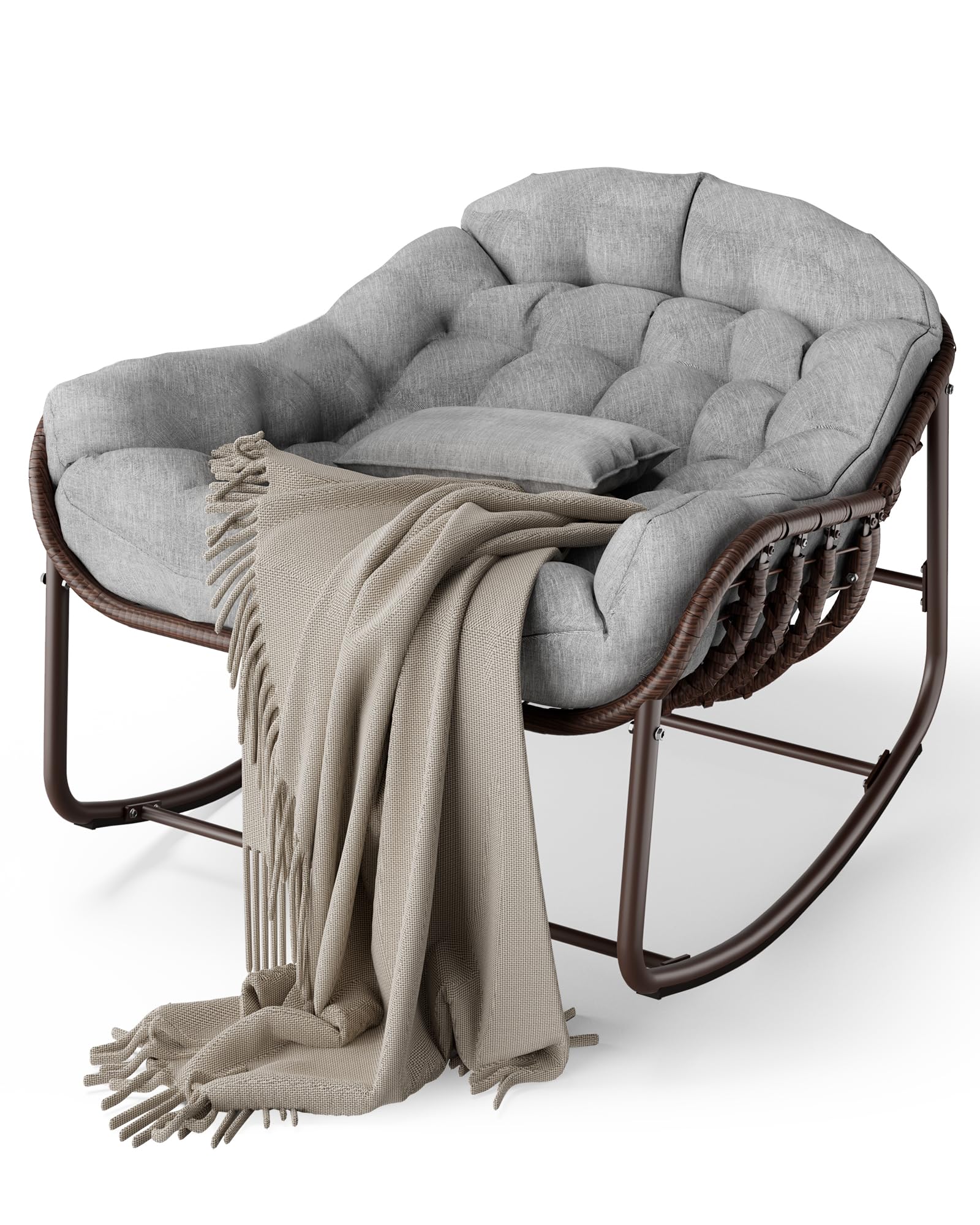 Garvee Fauteuil œuf à bascule intérieur extérieur, grand format, rotin effet naturel, coussin rembourré en oléfine résistante, jardin et patio, marron