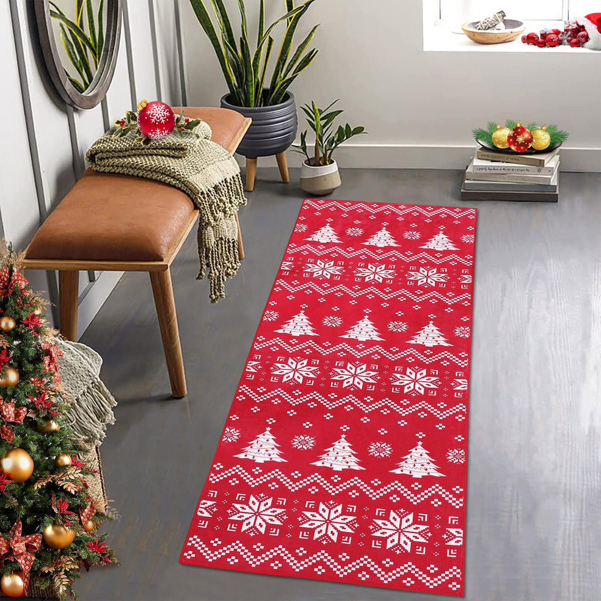 Garvee Kerst Sneeuwvlok Tapis d'intérieur lavable antidérapant Rouge Décor 60 x 180 cm Salon Couloir