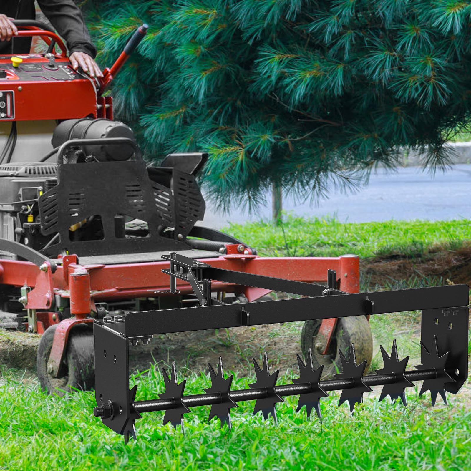 Aérateur à pointes Garvey à tracter, 81 cm (32 pouces), avec dents en acier et profondeur réglable pour pelouses et agriculture, barre de traction extra large, robuste