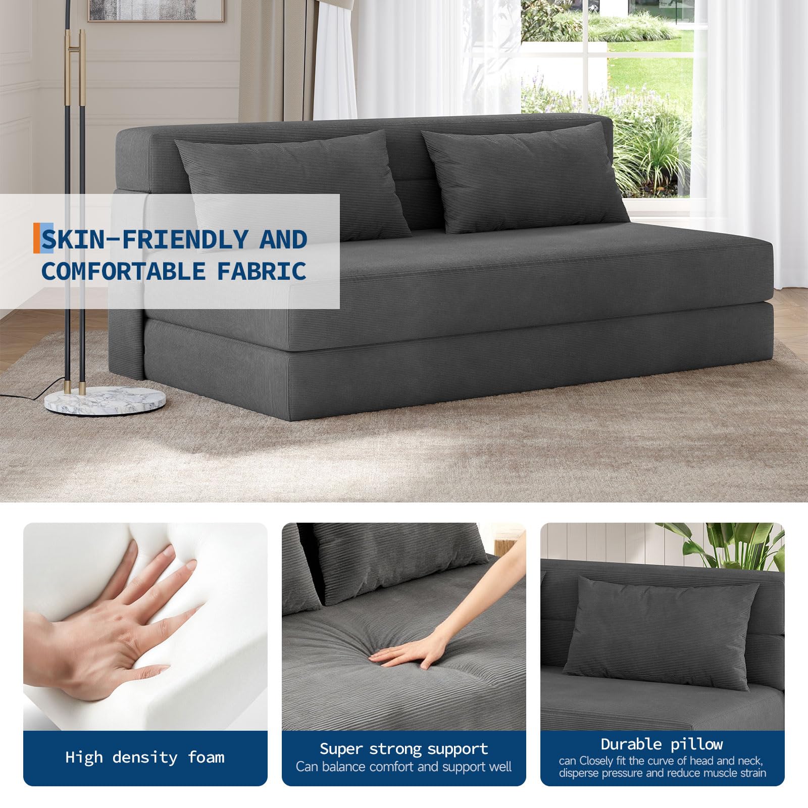 Canapé-lit et fauteuil-lit 4 en 1 Garvee, polyvalent et confortable, en velours côtelé gris foncé, pour salon et chambre d'amis
