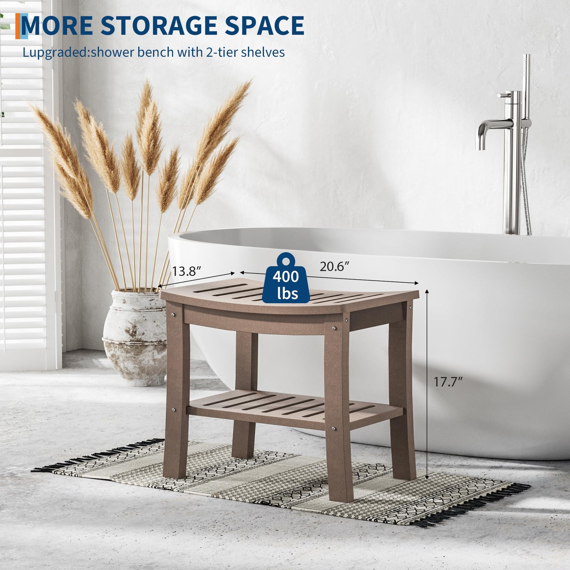 Banc de douche Garvee en PEHD avec étagère pour salle de bain et baignoire, aspect bois, imperméable, résistant aux rayures, polyvalent