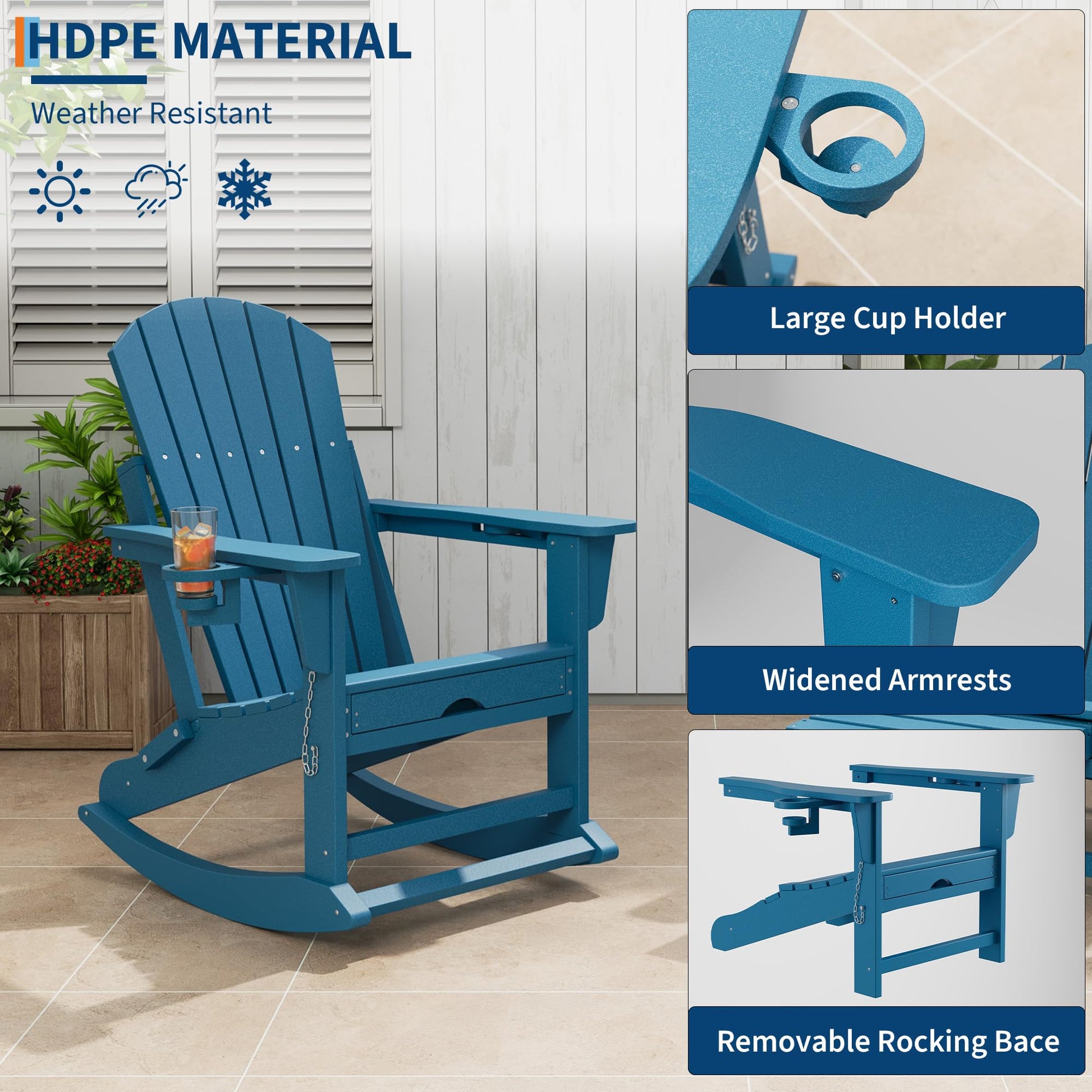 Garvee Fauteuil Adirondack à bascule pliant 4 en 1 avec repose-pieds rétractable et porte-gobelet, HDPE résistant, base amovible, pour patio et jardin, noir