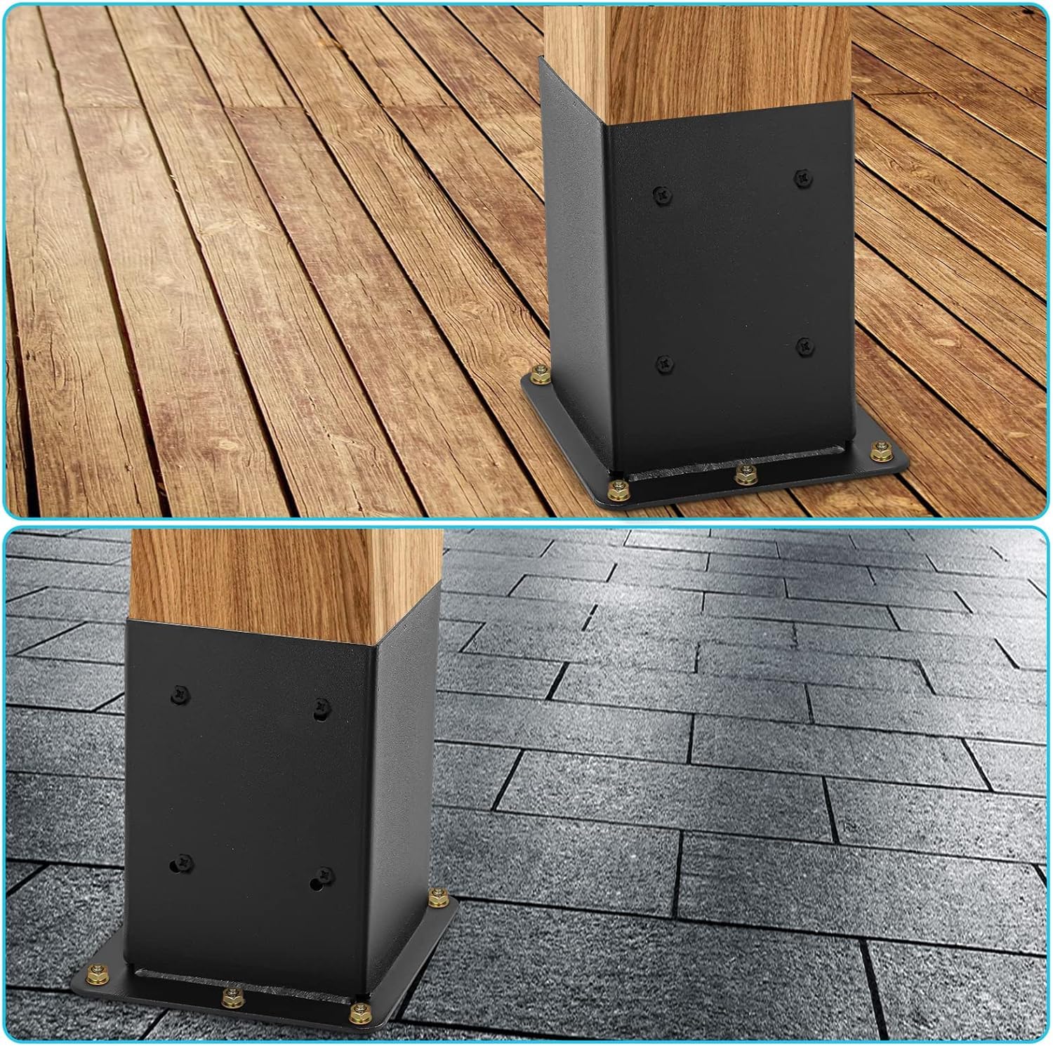 Garvee, ensemble de 4 supports de poteaux en acier de 2 mm pour poteaux en bois 4x4, renfort sur les quatre côtés, revêtement en poudre noir, ensemble complet pour patios et clôtures