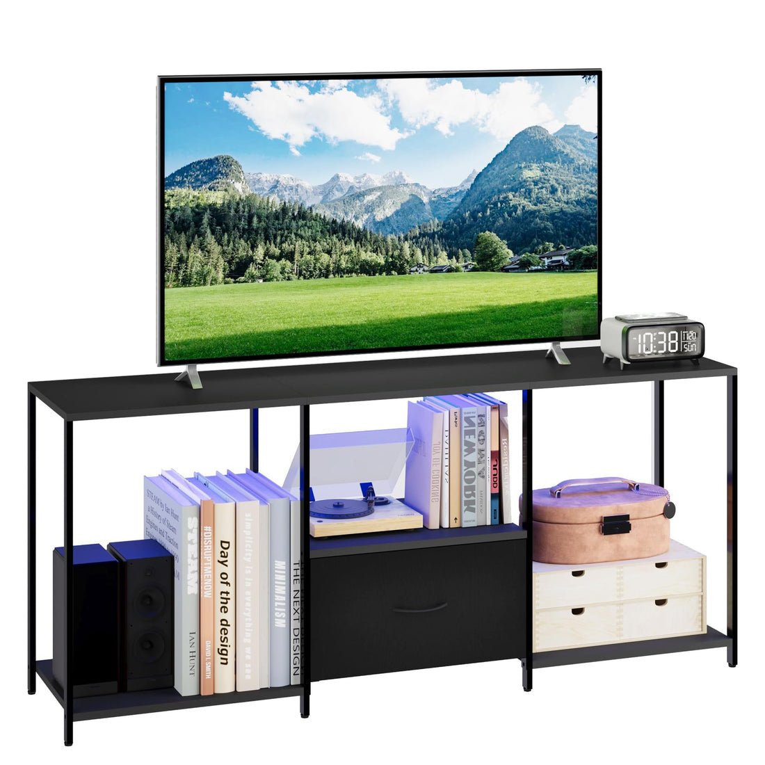 Meuble TV Garvee 55 pouces avec éclairage LED, étagère ouverte, tiroir en tissu, meuble multimédia noir pour salon et chambre