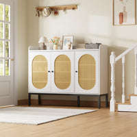 Meuble à chaussures Garvee avec 3 portes en rotin, étagères réglables, en MDF blanc, idéal pour l'entrée et le salon, grand espace de rangement, 117 cm (L) x 35 cm (l) x 73 cm (H)