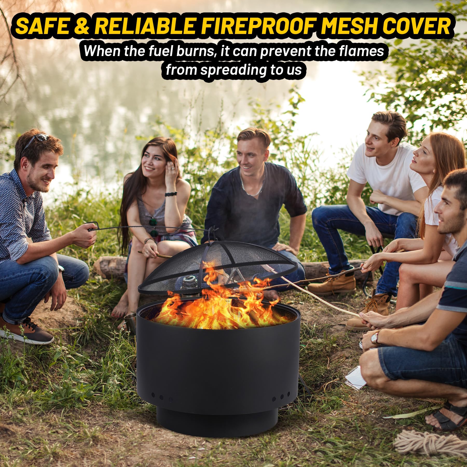 Foyer extérieur sans fumée Garvee de 66 cm (26 pouces) avec grille, pare-étincelles, acier robuste pour le jardin et le camping, portable et avec housse.